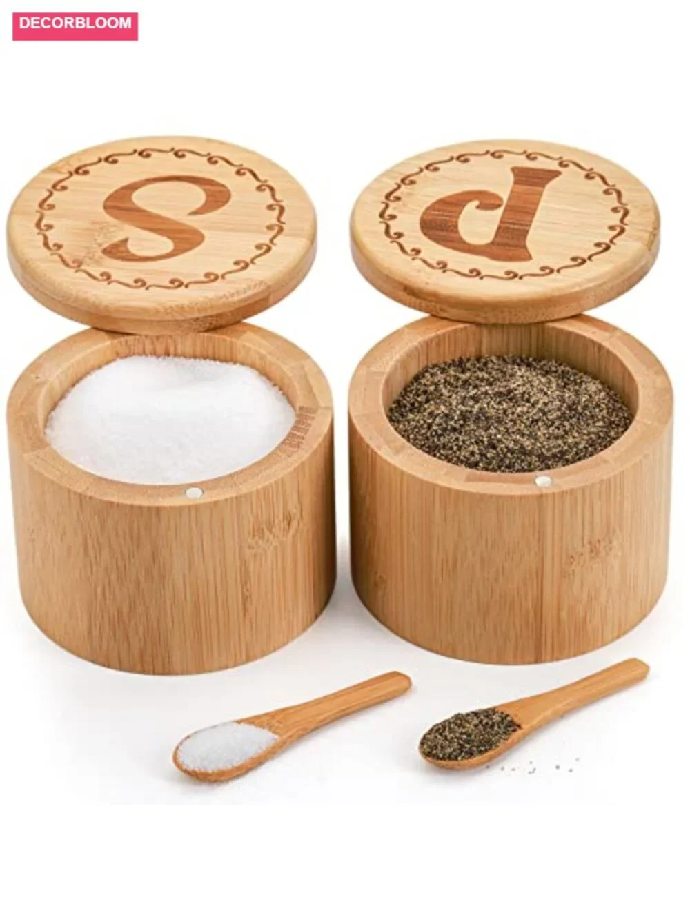 2-Pack Bamboo Salt and Pepper Storage Box with Spoons, Magnetic Lid, 6 oz